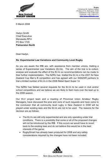 Letter from NZRU to MRU re ELVs - Manawatu Rugby