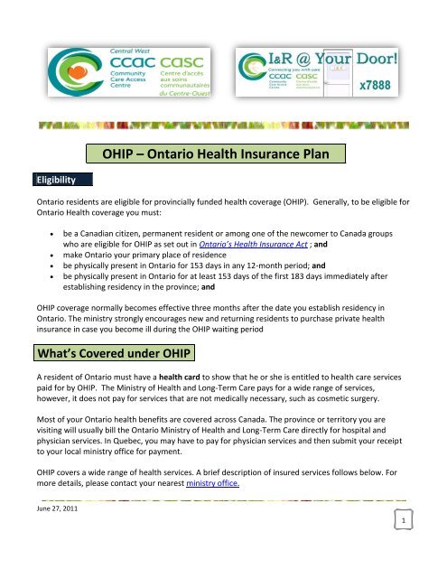 OHIP - Ontario Health Insurance Plan - centralwesthealthline.ca