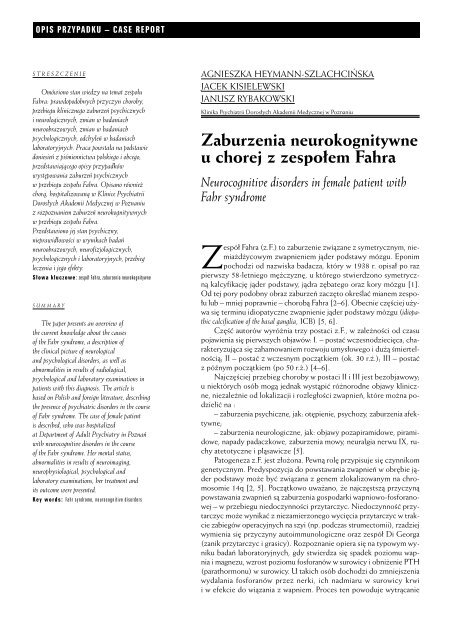 Zaburzenia neurokognitywne u chorej z zespoâem Fahra