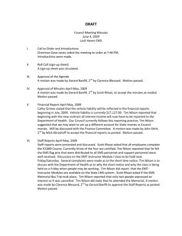 Council Meeting Minutes June 4, 2009 Lock Haven EMS I. Call to ...