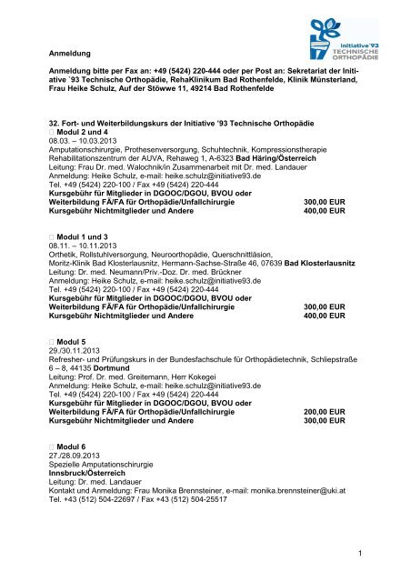 Anmeldeformular Kurse 2013 - Initiative '93 - Technische Orthopädie