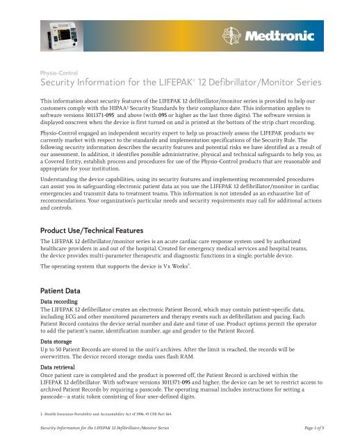 Security Information for the LIFEPAK® 12 ... - Physio Control