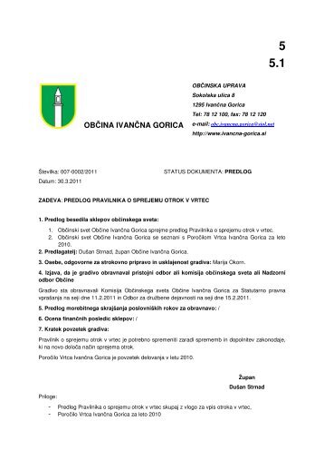 Predlog pravilnika o sprejemu otrok v vrtec in poroÄilo Vrtca IvanÄna ...