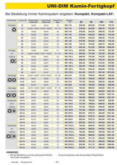 preisliste 2012 - uni-dim kaminsysteme, kamine, rauchfangsysteme