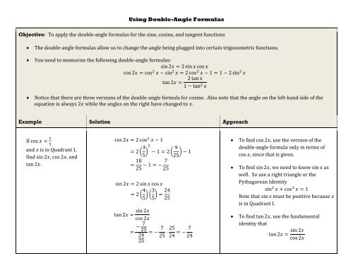 Using Double Angle Formulas Objective To Apply The Double Angle