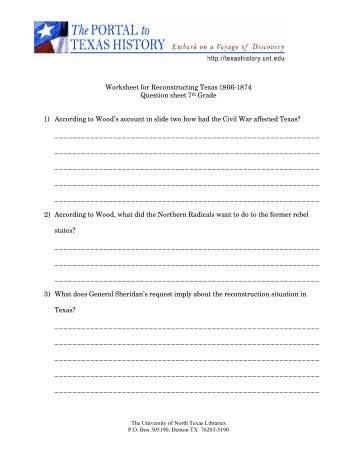 Worksheet for Reconstructing Texas 1866-1874 Question sheet 7th ...