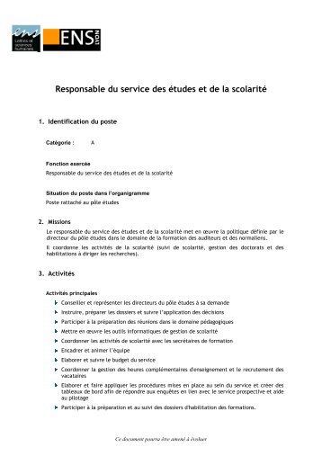 Responsable du service des etudes et de la scolarite - Rhone-Alpes