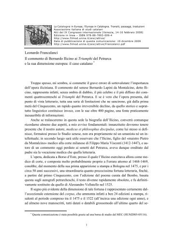 Leonardo Francalanci Il commento di Bernardo Ilicino ai Triumphi ...