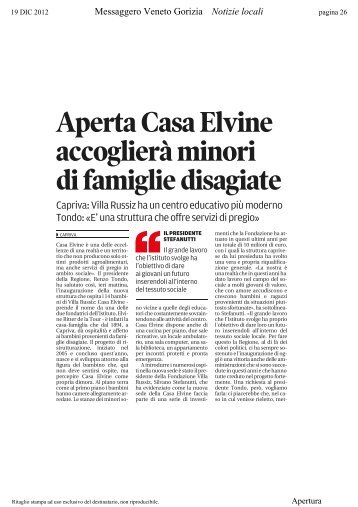 Aperta Casa Elvine accoglierÃ  minori di famiglie ... - la Presidente