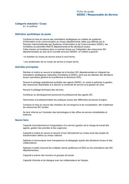 Fiche de poste SIDSIC / Responsable du Service - BRIEP Rhone ...