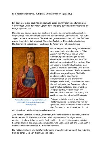 Die heilige Apollonia, Jungfrau und MÃ¤rtyrerin (gest ... - Einsiedelei.at
