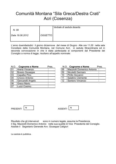 ComunitÃ  Montana âSila Greca/Destra Cratiâ Acri (Cosenza)