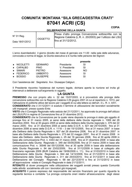 87041 ACRI (CS) - ComunitÃ  Montana Destra Crati