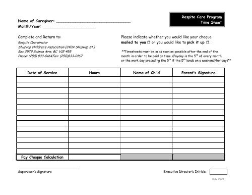 Respite Care Program Time Sheet Name Of Caregiver Shuswap