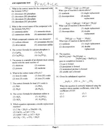 Chemical Equations Practice Test - Red Hook Central School District