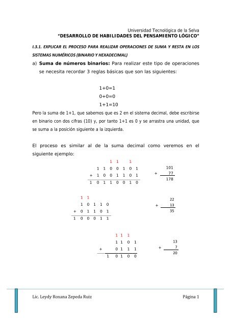 operaciones de sumas y restas en binario y hexadecimal