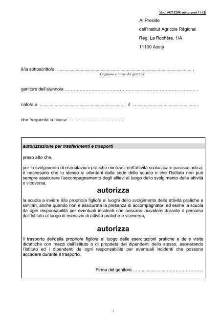 Modulo autorizzazione cumulativa studenti minorenni