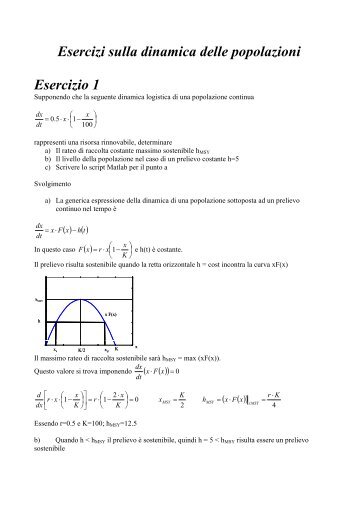 Esercizi sulla dinamica delle popolazioni Esercizio 1