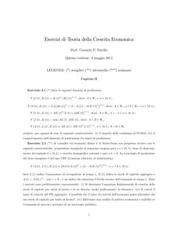 Esercizi di Teoria della Crescita Economica - Dipecodir.it