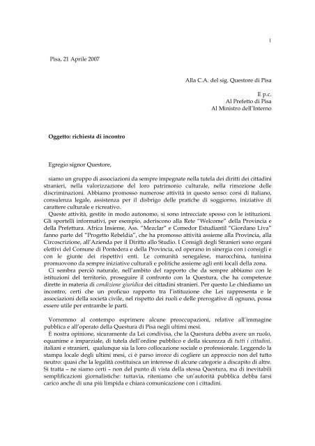 lettera inviata al Questore - Africa Insieme di Pisa