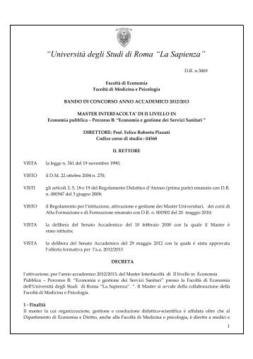 âUniversitÃ  degli Studi di Roma âLa Sapienzaâ - Dipecodir.it