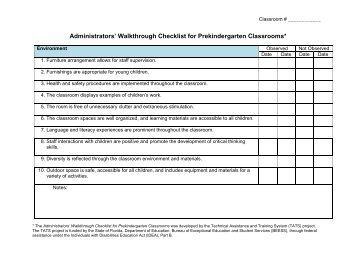 Administrators' Walkthrough Checklist for Prekindergarten ... - TATS