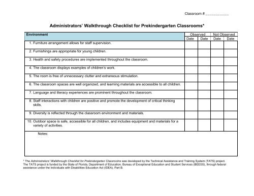 Administrators' Walkthrough Checklist for Prekindergarten ... - TATS