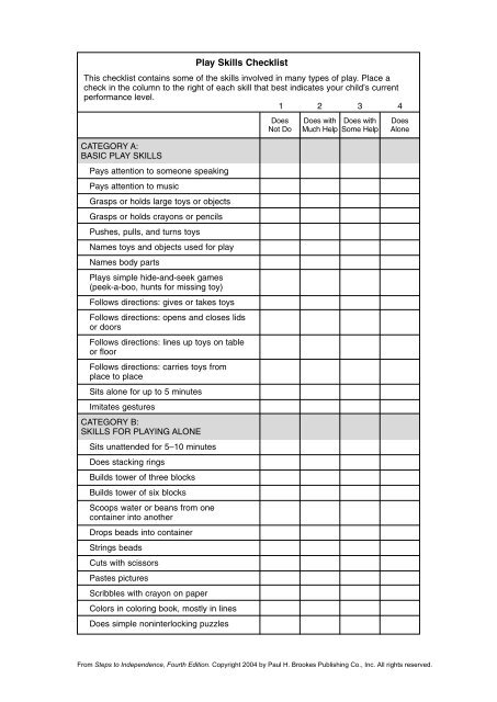 Play Skills Checklist Brookes