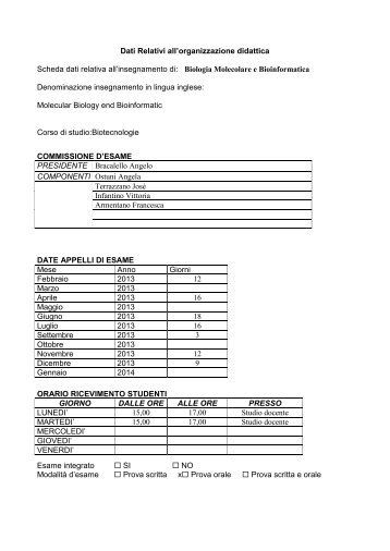 Biologia Molecolare e Bioinformatica - Università degli Studi della ...