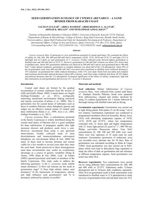 seed germination ecology of cyperus arenarius â a ... - ResearchGate