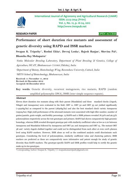 Performance of short duration rice mutants and assessment of genetic diversity using RAPD and ISSR markers