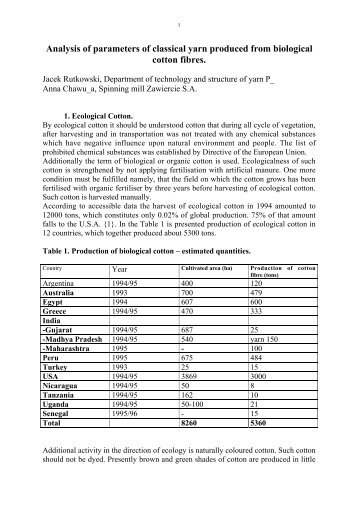 Analysis of parameters of classical yarn produced from biological ...