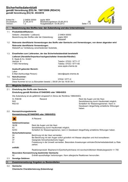 Sicherheitsdatenblatt - Epple-chemie.de