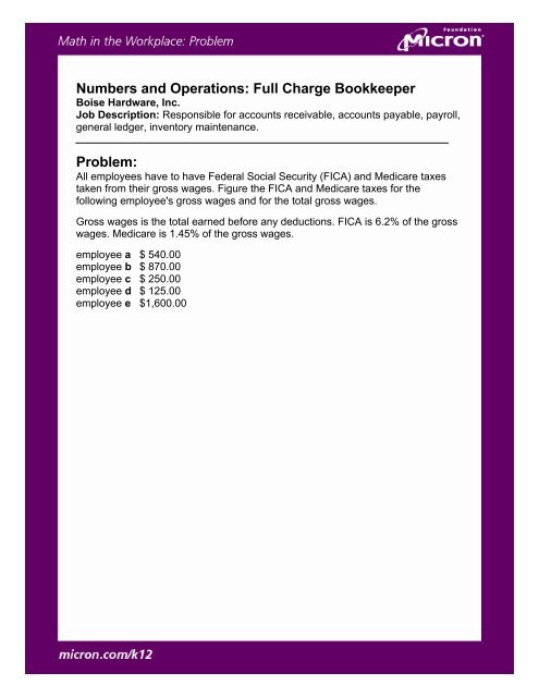 Bookkeeping Math Problems Numbers and Operations: Full Charge Bookkeeper Problem: - Micron