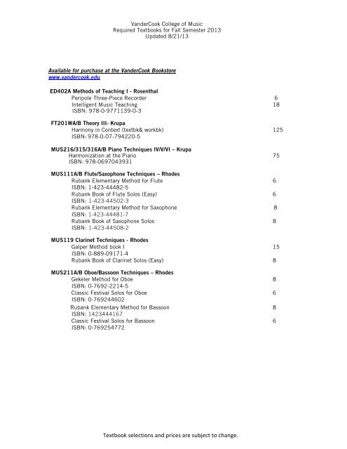 Fall 2013 Textbook List - VanderCook College of Music