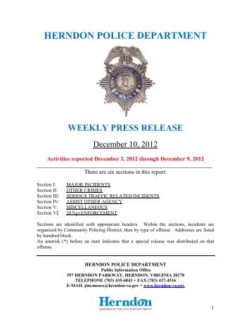 Weekly Police Report December 11, 2012 - Town of Herndon