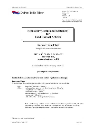 Compliance statement for food contact - mylar ol12af & ol12aft