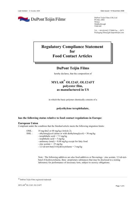 Compliance statement for food contact - mylar ol12af & ol12aft