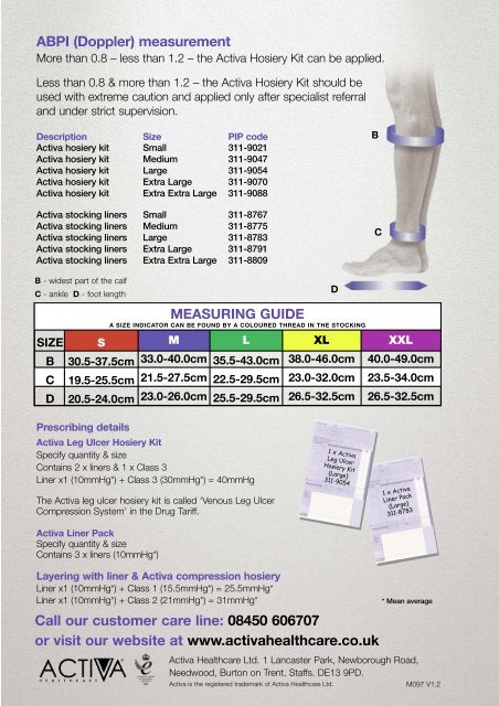 Activa Compression Hosiery Size Chart