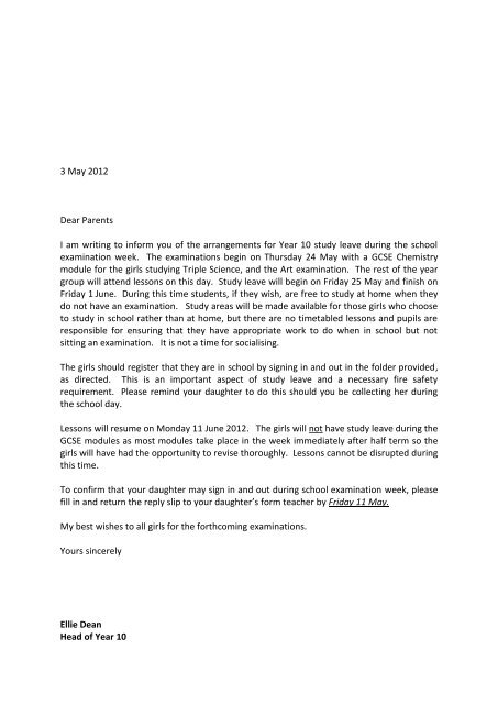 3 May 2012 Dear Parents I am writing to inform you of the ...