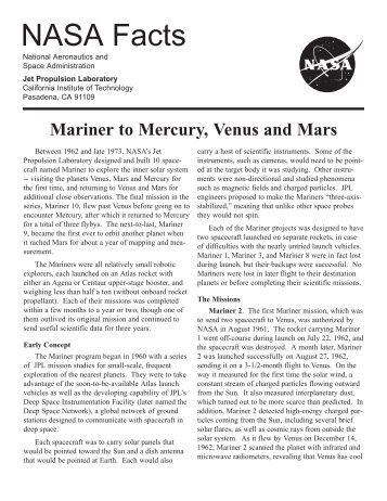 Mariner to Mercury, Venus and Mars - Jet Propulsion Laboratory ...