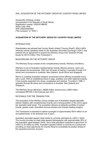 acquisition of the witchery group by country - Woolworths Holdings ...