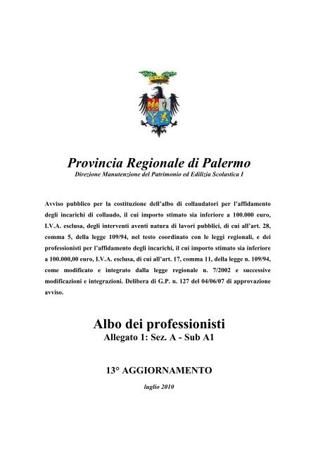 Provincia Regionale di Palermo Albo dei professionisti