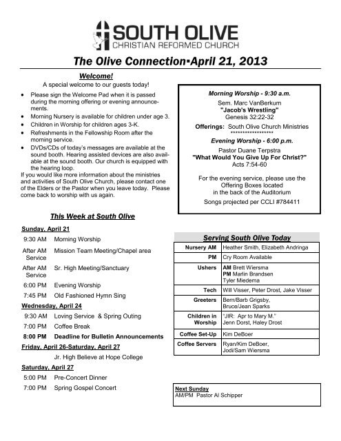 The Olive ConnectionApril 21, 2013 - South Olive Christian Reformed