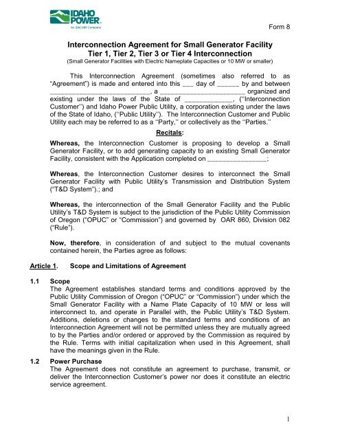 Oregon Small Generator Interconnection Agreement - Idaho Power