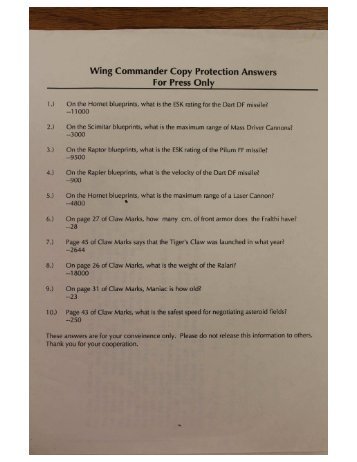 Wing Commander Copy Protection Answers