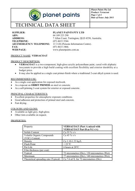  TECHNICAL  DATA  SHEET  Planet Paints 