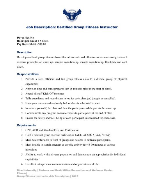 Group Exercise Instructor Job Description