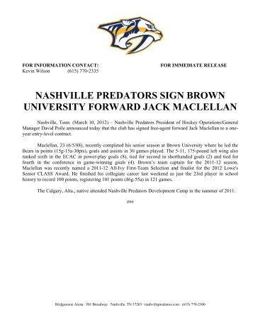 nashville predators sign brown university forward jack maclellan