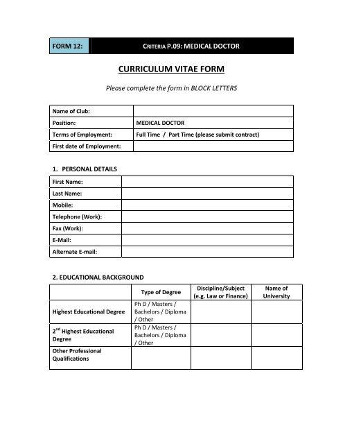 curriculum vitae form - Ø§ØªØ­Ø§Ø¯ Ø§ÙØ¥ÙØ§Ø±Ø§Øª ÙÙØ±Ø© Ø§ÙÙØ¯Ù